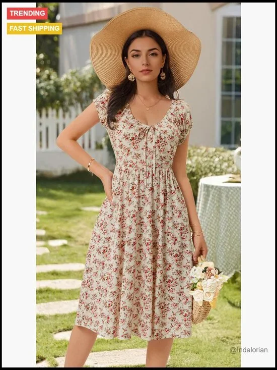 Summer Floral V Neck Puff Cap Sleeve Sundress Midi Dress with Pockets - Picture 7 of 7